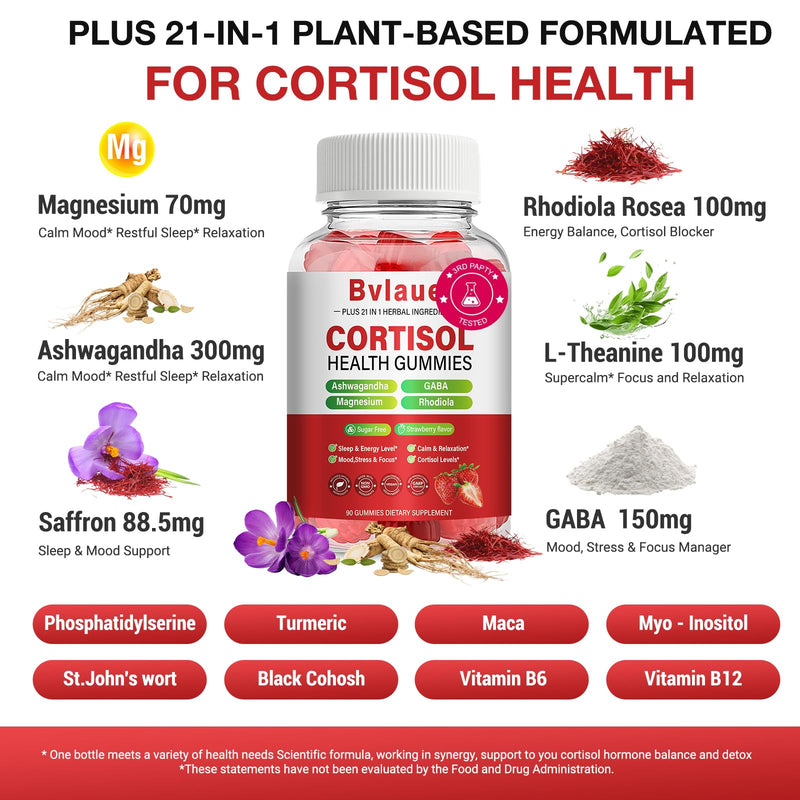 Cortisol Supplements for Women & Men - Cortisol Reducer Detox Manager with Ashwagandha/Magnesium/L-theanine/GABA/Vitamin B6 for Mood/Sleep/Stress Relief 90 CT Strawberry Flavor Gummies