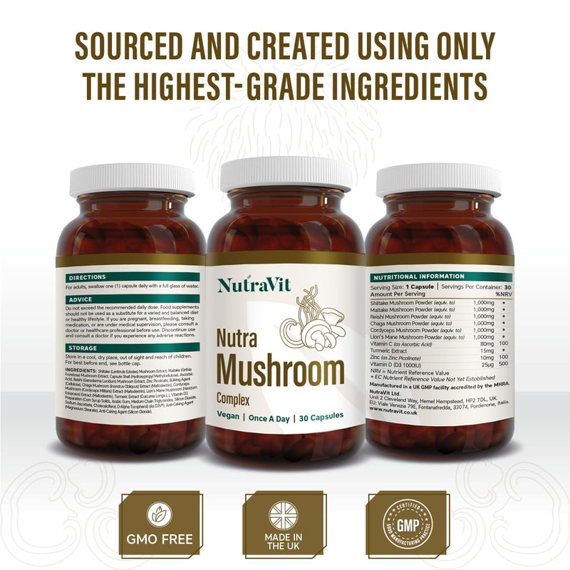 NutraMushroom - Comprehensive Mushroom Complex, with 6000mg of Shiitake, Maitake, Reishi, Chaga, Cordyceps and Lion’s Mane - with Added Vitamin C, D & Zinc - NutraVit, 30 Capsules