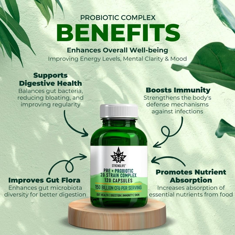 Probiotics Bio Cultures Complex with Prebiotics - 150 Billion CFU 20 Strains - 2 Months Supply 120 Capsules - Lactobacillus & Bifidobacterium Strains | Probiotics for Women & Men Gut Health