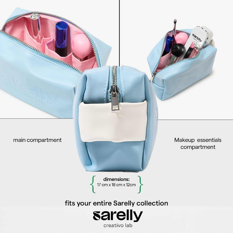 SARELLY, Mini Makeup Bag, Blue Vegan Leather with Compartments, Leak-proof, Sarelly Creativo Lab Baby Blue
