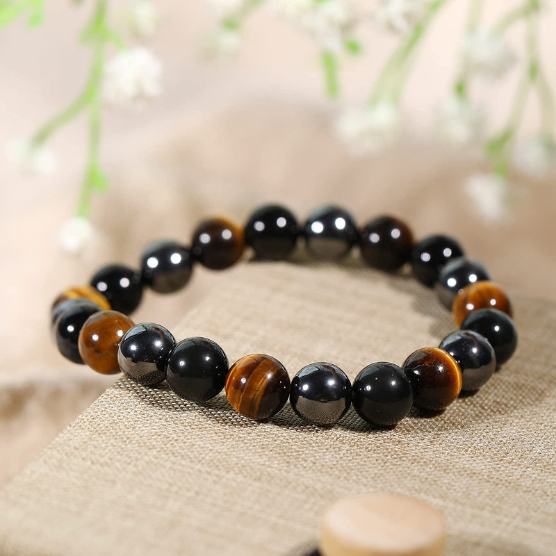 [Australia] - Crystal Vibe Triple Protection Bracelet - 8mm Beaded Bracelet for Women Men - Natural Stones of Tiger Eye, Hematite, Black Obsidian - Healing Crystal Bracelet for Anxiety Relief - Adjustable Size 