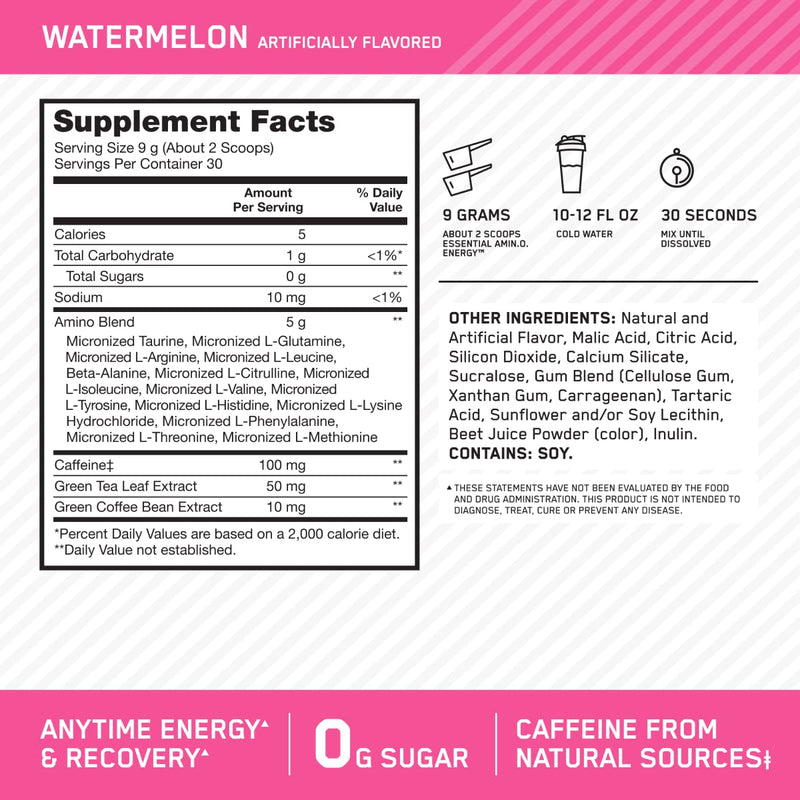 Optimum Nutrition Amino Energy - Pre Workout with Green Tea, BCAA, Amino Acids, Keto Friendly, Green Coffee Extract, Energy Powder - Watermelon, 30 Servings (Packaging May Vary) 9.5 Ounce (Pack of 1)