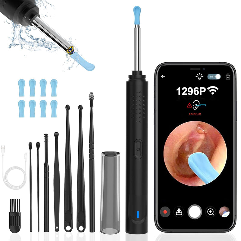 [Australia] - Ear Wax Removal, Ear Cleaner with Camera with 1296P, Earwax Removal kit with 9 Ear Pick and 8 Traditional Tools, Built-in WiFi IP67 Waterproof, Ear Cleaning Kit for iPhone,iPad,Android(black) Black 
