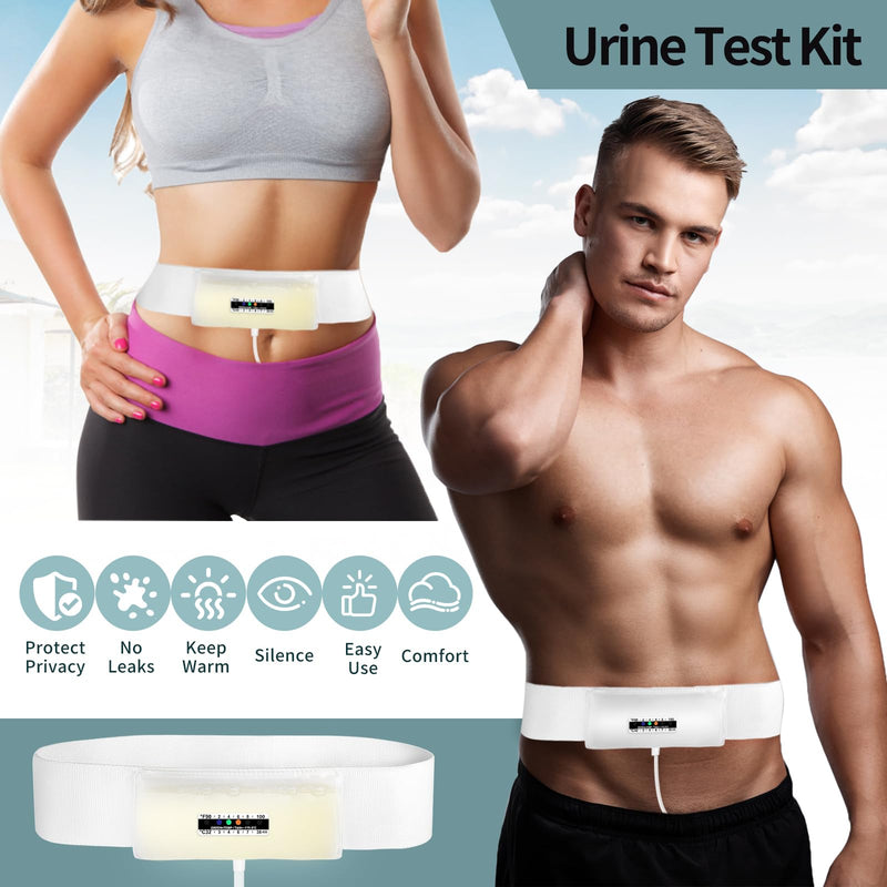 Urine Test Complete Kit with 2-4 oz Sample Pouch, 43.3 inch Concealed Stretch Belt with 5 Liquid Release Outlets, Temperature Strips, Silicone Funnel, Clamps and Plug, Reusable Storage System (White) White-001
