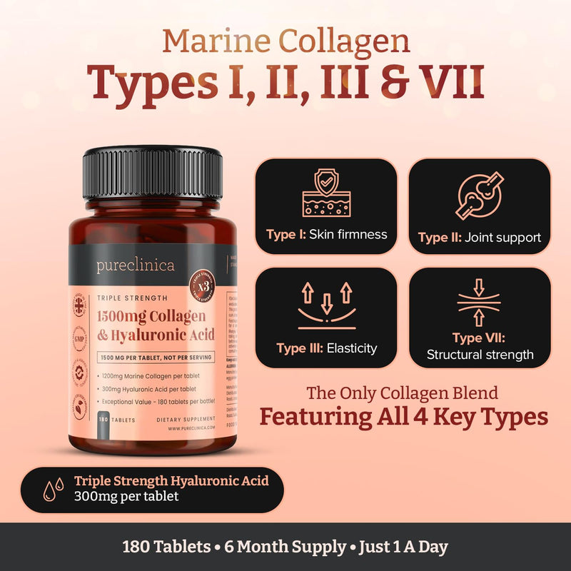 UltraColl Collagen & Hyaluronic Acid 1500mg – 180 Tablets (6 Month Supply) | High Strength Marine Collagen Types I, II, III, VII | Anti-Ageing, Skin Elasticity, Joint Support, UK Made 180 count (Pack of 1)