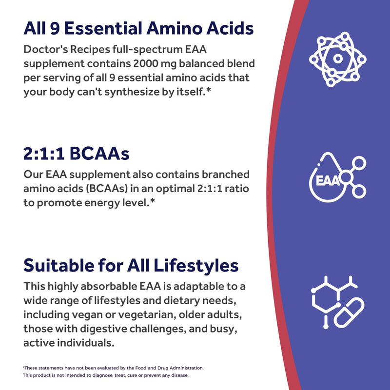 Doctor's Recipes Essential Amino Acids Supplement, All 9 Essential Amino Acids (EAA), BCAA 2:1:1, 240 Veggie Capsules