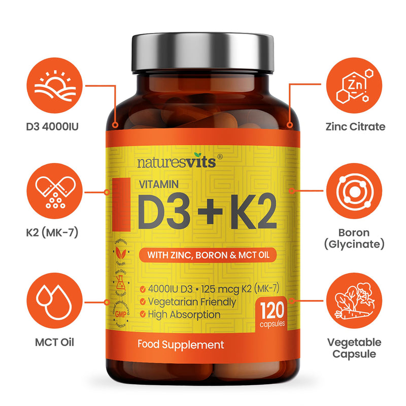 Vitamin D3 and K2 Bone Supplement - with Zinc, MCT Oil and Boron for Calcium Absorption for Joint Care - High Strength Natural Supplements for Women and Men