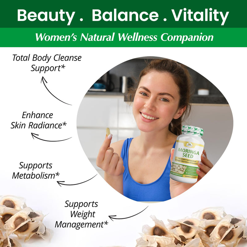 Organic Veda Moringa Seeds Capsules - Omega 3, 6, 9, Powerful Antioxidants, Vitamins, Amino Protein Rich Organic Moringa Seed Powder for Energy, Cleanse & Vitality - 120 Vegan Capsules