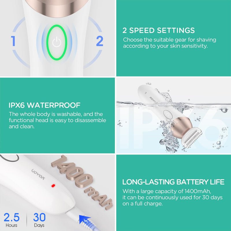 [Australia] - VOYOR Electric Razors for Women 4 in 1 Bikini Trimmer, Foil Shaver for Women 4 Replacement Heads for Body, Pubic Hair Trimmer, Cleansing, Massage 2 Adjustable Speeds Rechargeable Shaver ES501 (Gold) Gold 