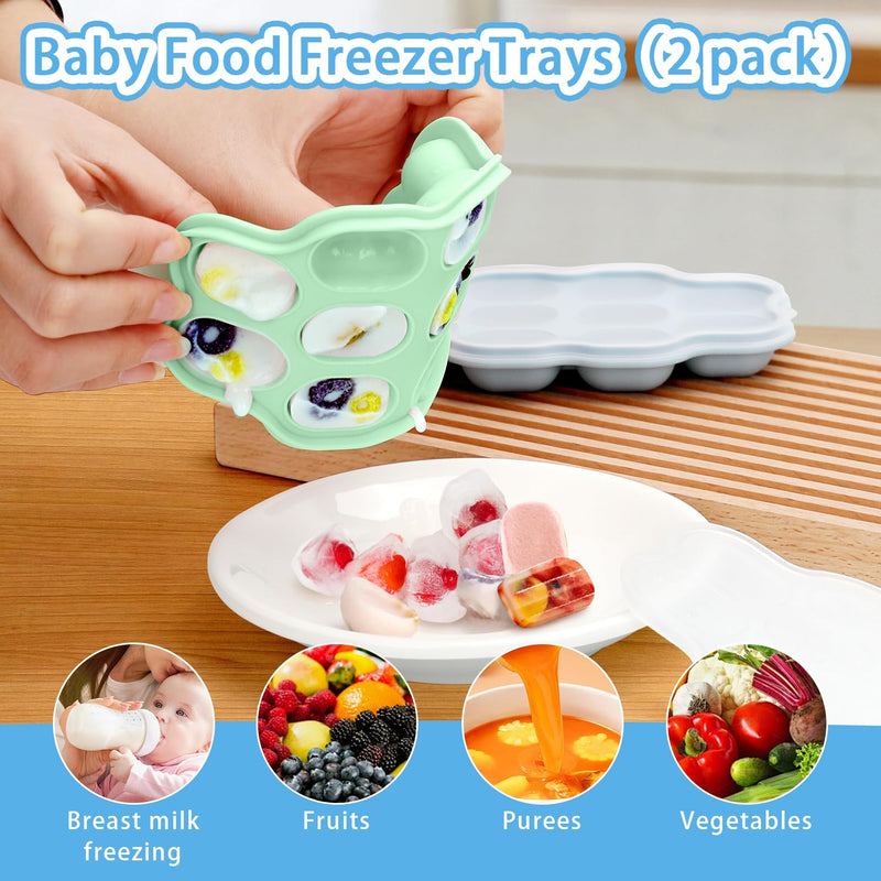 Silicone Baby Fruit Food Feeder, 2 Pack Freezer Tray with lid for Batch Prep,Introduce New Foods, Breastmilk Popsicle Molds, Silicone Teething Toys, Includes 6 Extra Food Pacifier Steel Blue and Olive Green