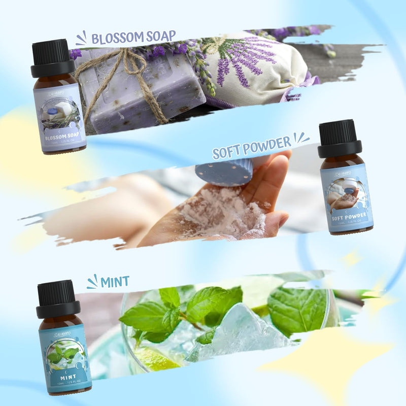 [Australia] - SALUBRITO Clean Essential Oils Set, Natural Aromatherapy Fragrance Oil for Diffusers, Candle Making, Clean Cotton, Fresh Linen, Clean Home, Powder, Flower Soap, Mint 