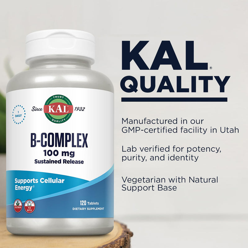 KAL B-100 Complex - Sustained Release Vitamin B Complex - Healthy Energy Support with Natural Base and Fresh Minty Coating - Vegetarian - 60 Day Guarantee - 120 Servings, 120 Tablets Unflavored 120 Count (Pack of 1)