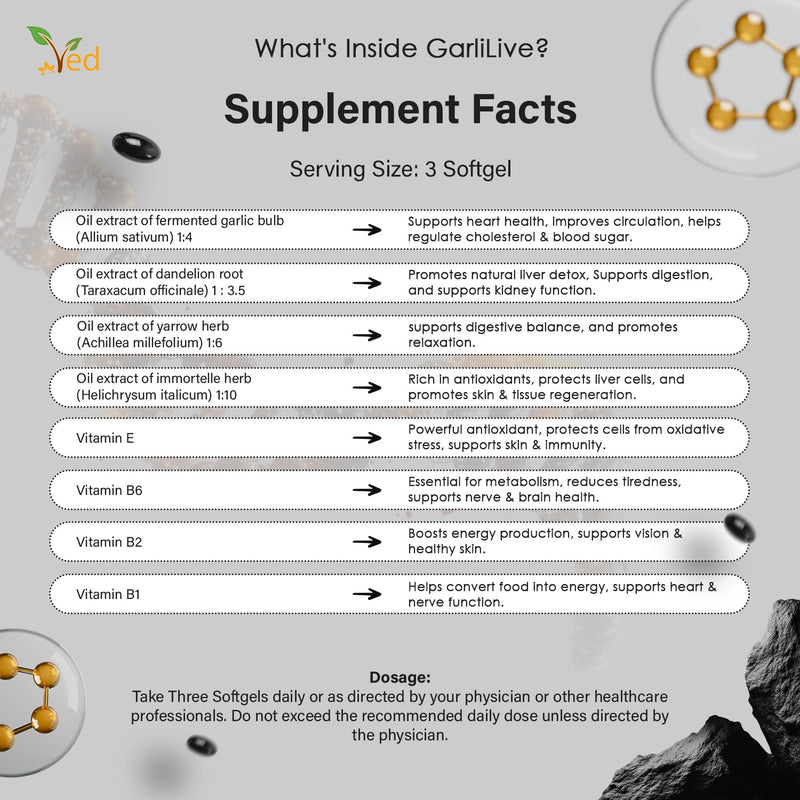 VED GarliLive, 90 Softgels, Fermented & Odourless Black Garlic Supplement with Dandelion Root, Yarrow herb, Immortelle herb, Vitamin E, B6, B2 & B1, Non-GMO, Halal, 3 Softgels per Day.