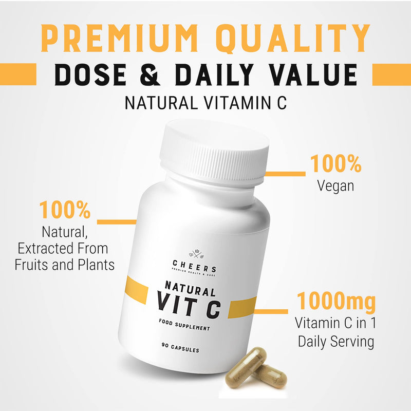 CHEERS - Natural Vitamin C, 90 Vegan Capsules, Immune System Booster Made from Rose Hip, 1000mg Vitamin C Tablets with Grapefruit and Acerola Extracts