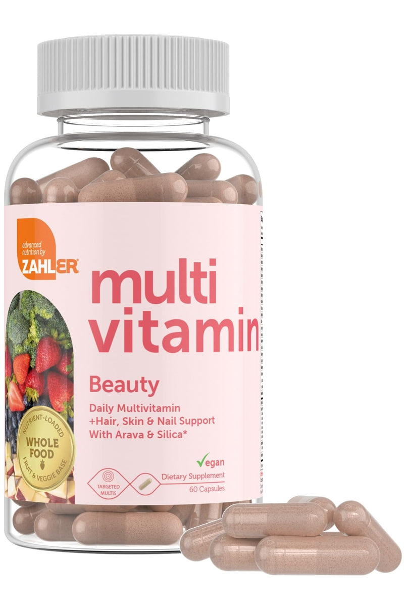 Zahler Multivitamin Beauty + Skin Hair and Nails Support, Multivitamin for Women and Men with Iron, Certified Kosher, 60 Capsules Unflavored