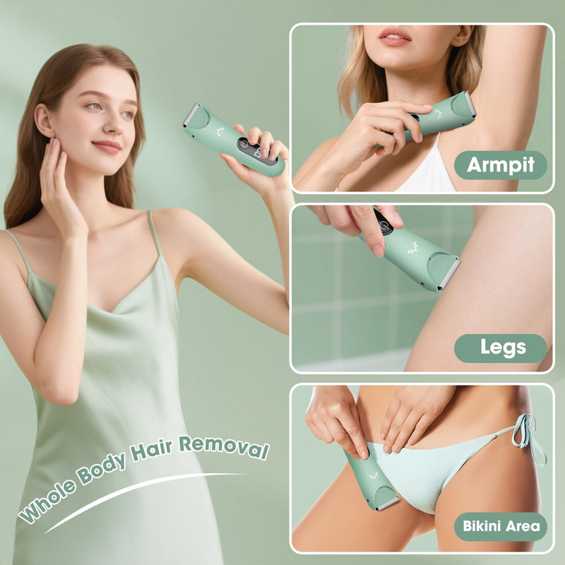 [Australia] - Bikini Trimmer for Women, Painless Pubic Hair Trimmer for Armpit Leg Arm Body Private Area,Rechargeable Womens Electric Razors Shaver LED Light Ceramic Blade IPX7 Waterproof Wet/Dry LCD Display,Green Green 