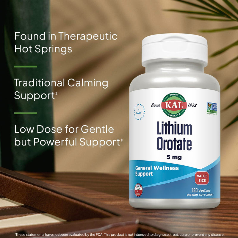 [Australia] - KAL Lithium Orotate 5mg, Low Dose Lithium Supplement for General Wellness Mood Support, Highly Bioavailable, Vegan, 60-Day Guarantee, 180 Servings, 180 VegCaps 180 Count (Pack of 1) 
