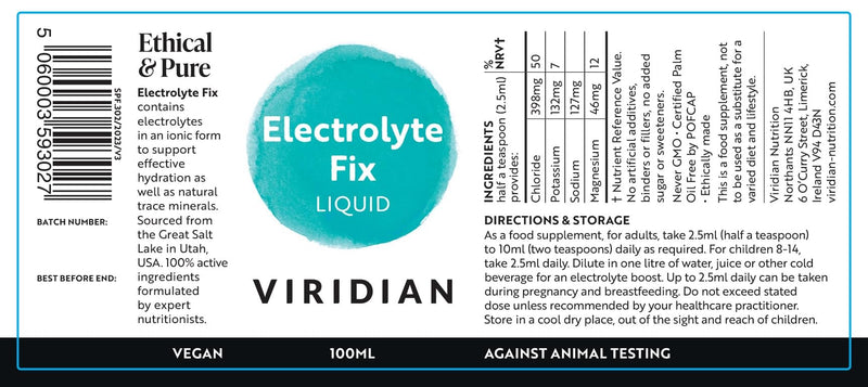 Viridian - Electrolyte Fix Liquid – 100ml | Concentrated Electrolyte Blend with Magnesium, Potassium & Sodium | Supports Electrolyte Balance & Muscle Function | 100% Active Ingredients 100 ml (Pack of 1)