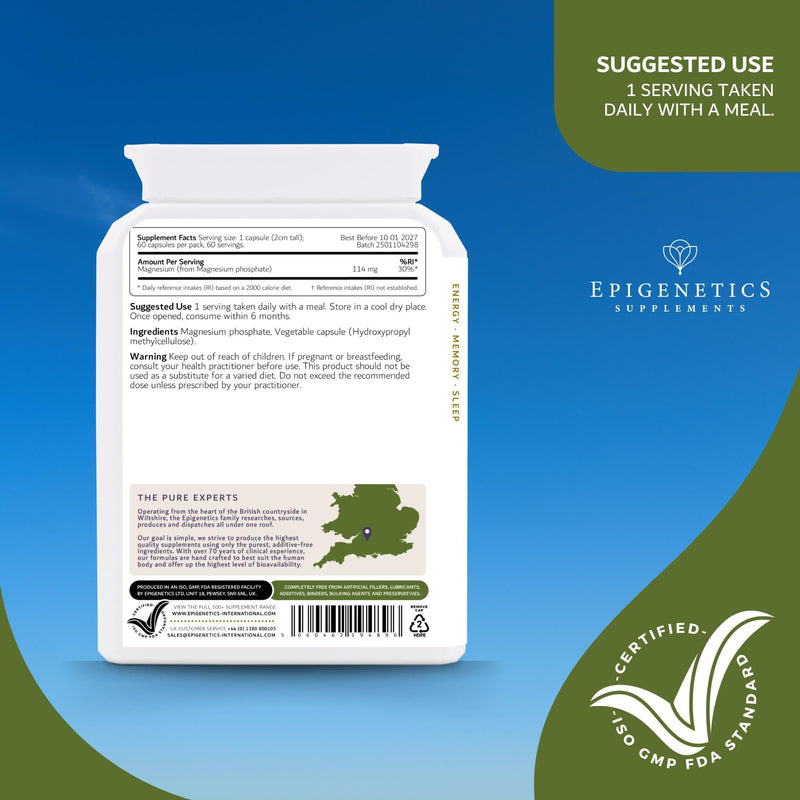 Magnesium Phosphate Supplement | Generous 2 Months Supply | 85mg Per Serving for Energy, Bones, Teeth & Muscle Function | 60 Vegan Capsules & Made in the UK.