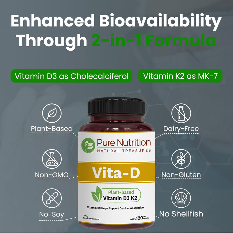 Pure Nutrition Vitamin D3 K2 Supplement (D3 6000iu + K2 MK7 100mcg) | 120 Tabs | Plant Based Vitamin D3 K2 Supplement to Support Calcium Absorption | Vegan Vitamin K2 D3 | Non GMO