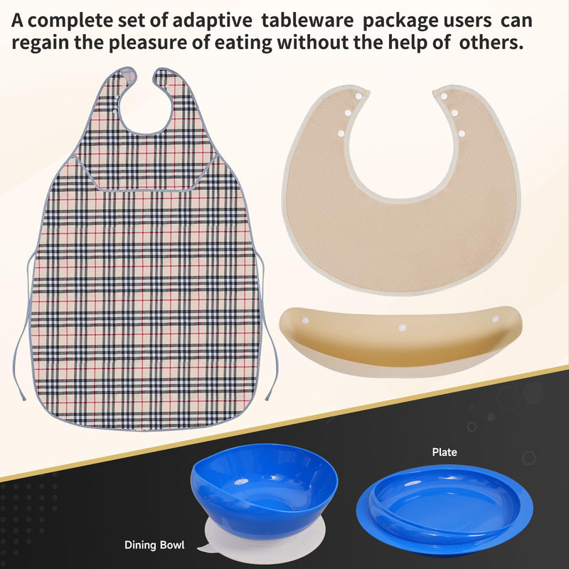 [Australia] - Adaptive Utensils for Elderly with Suction Base, Parkinsons Utensils with Bibs, Adaptive Dinnerware Dish for Handicapped, Spill Proof Bowl and Plate with Lipped Edges for Dementia, Stroke, and Tremor 