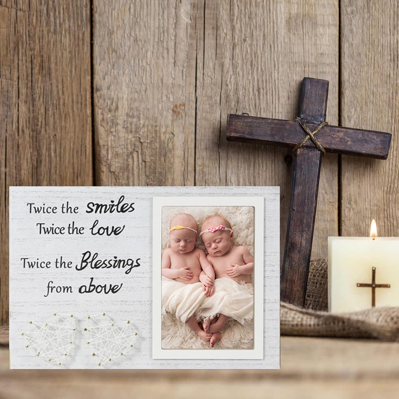 [Australia] - Twin Sister Keepsake Picture Frame - Gift for Twin Sisters Shower with The Words"Twice The Smiles, Twice The Love, Twice The Blessings from Above" 2 Heart Shaped 4 X 6 Frame with Black Text,Wood Twins Picture Frame 