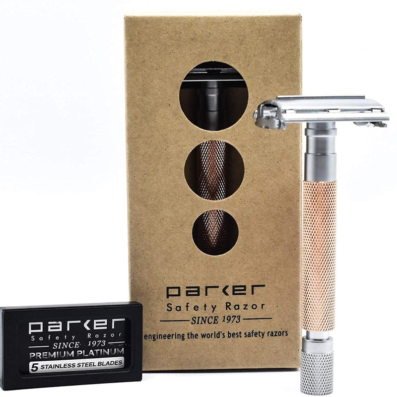 Parker 74R Rose Gold – Long Handle Butterfly Open Safety Razor for Men | Heavyweight Double Edge Razor Includes 5 Premium Platinum Blades