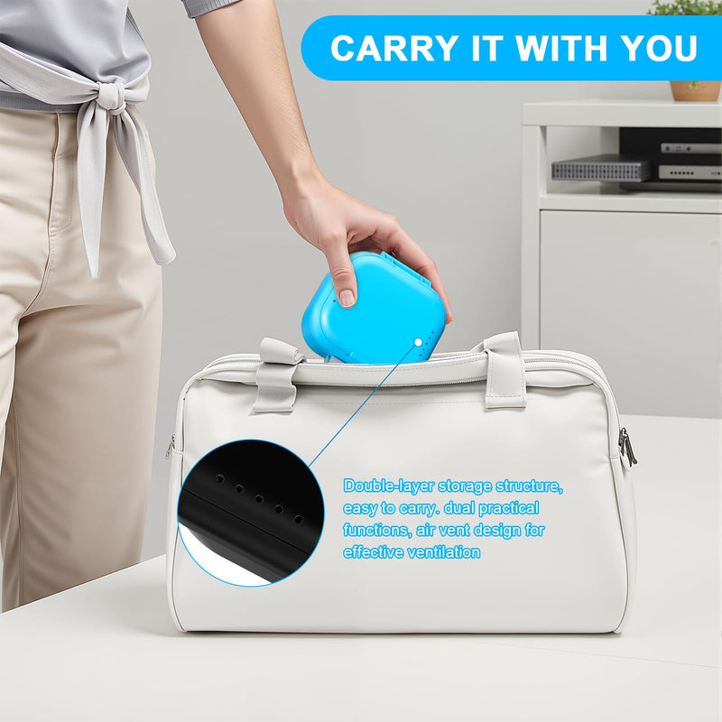 Denture Bath Case Leak Proof, Travel Denture Cup for Soaking Dentures & Retainer, Retainer Cleaner Case, Upgraded Double-Layer False Teeth Container with Strainer, Black+Light Green.