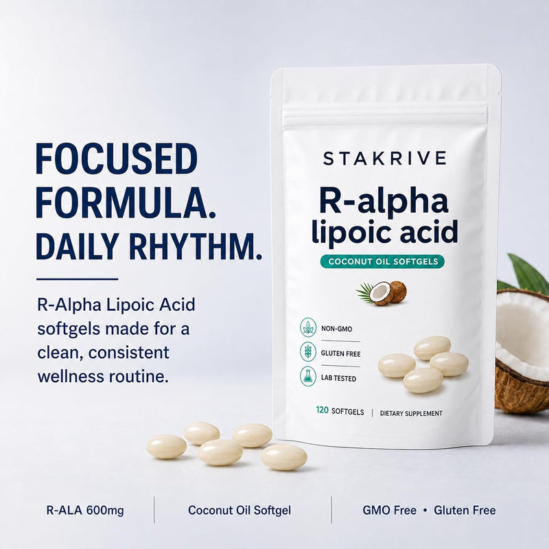 R-Alpha Lipoic Acid 600mg, 120 Softgels, R-ALA Supplement with Coconut Oil, High Bioavailability Antioxidant Support, GMO Free, Gluten Free, Daily Cellular Energy Support