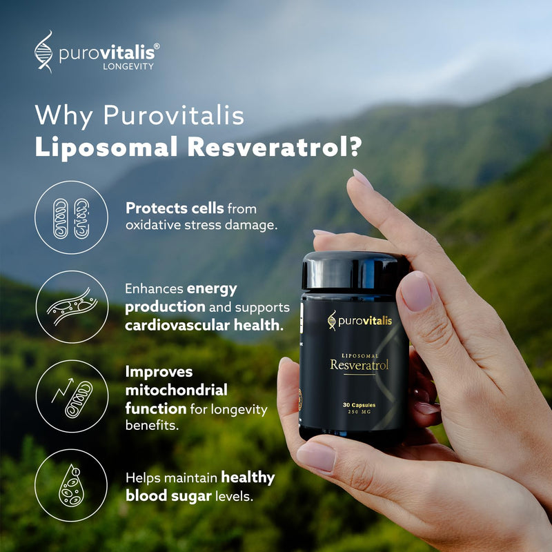 PUROVITALIS Liposomal Resveratrol 250mg, 30 Servings (30 Vegan Capsules), High Purity Trans-resveratrol Antioxidant Supplement 30 count (Pack of 1)