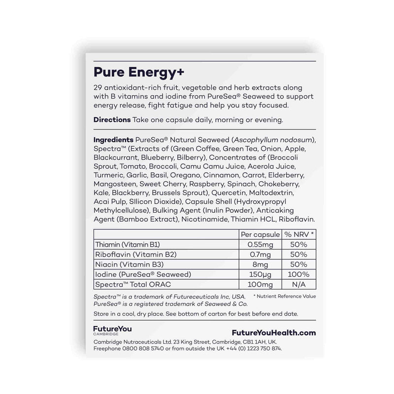 PureEnergy+ Multivitamins Nutritional Supplements – Vitamin B2 and Iodine Supplement – 28 Day Supply – Capsules to Support Fatigue and Tiredness – Food Supplements by FutureYou Cambridge