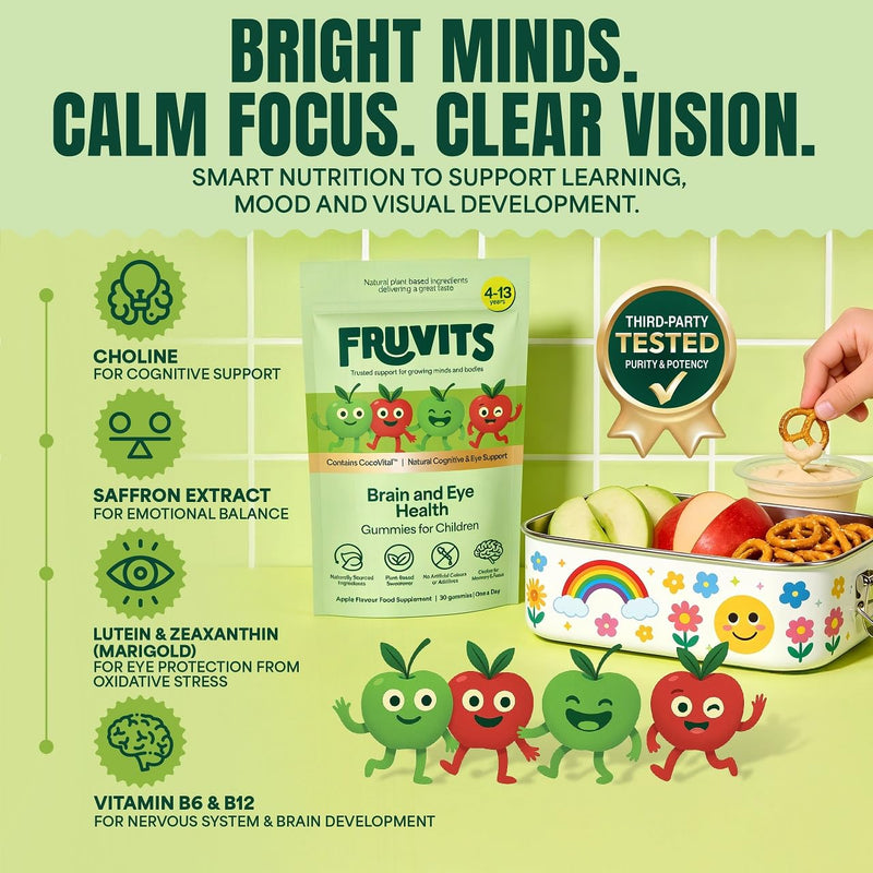 Kids Brain & Eye Health Gummies – 1‑a‑Day, Sugar‑Free, Vegan – Focus, Calm & Vision Support with Choline, Lutein & Saffron – Apple Flavour – 30‑Day Supply, Ages 4–13