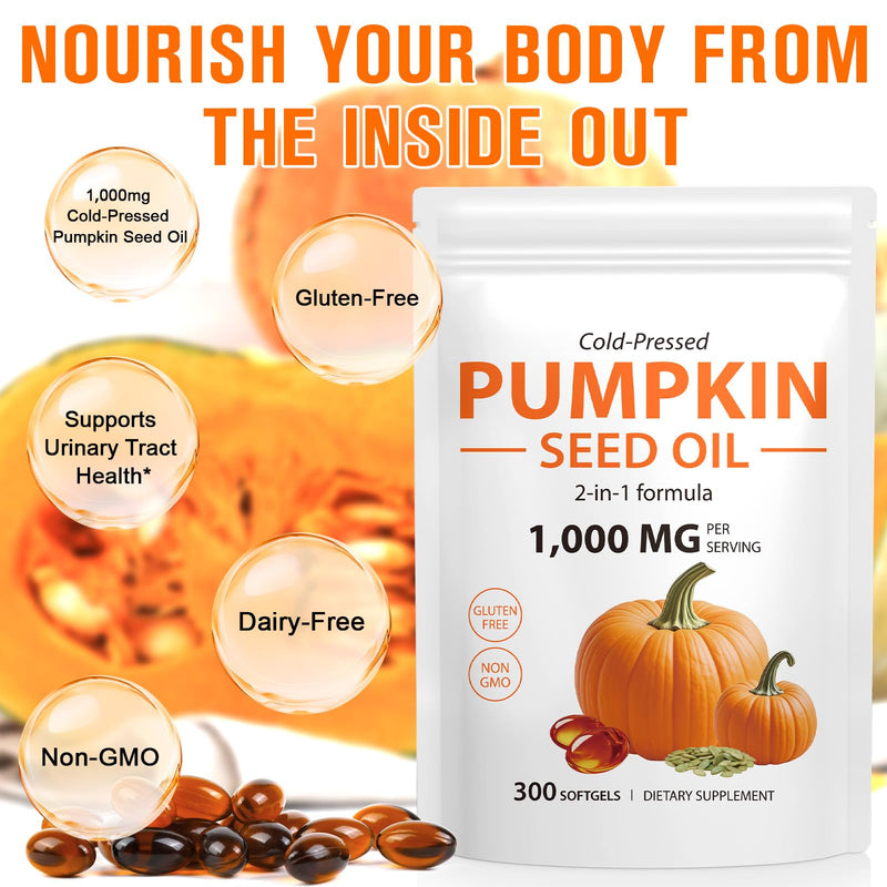[Australia] - WHLH & WELL-BEING Pumpkin Seed Oil Capsules, Pumpkin Seed Oil for Hair Growth, 1000mg Per Serving, 300 Count 300 Count (Pack of 1) 