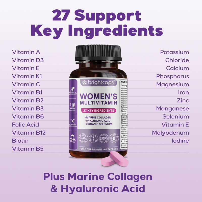 Women's Multivitamins and Minerals Enhanced with Collagen & Hyaluronic Acid - 27 Key Essential Ingredients Immune System & Health Support | 60 Tablets | Gluten Free