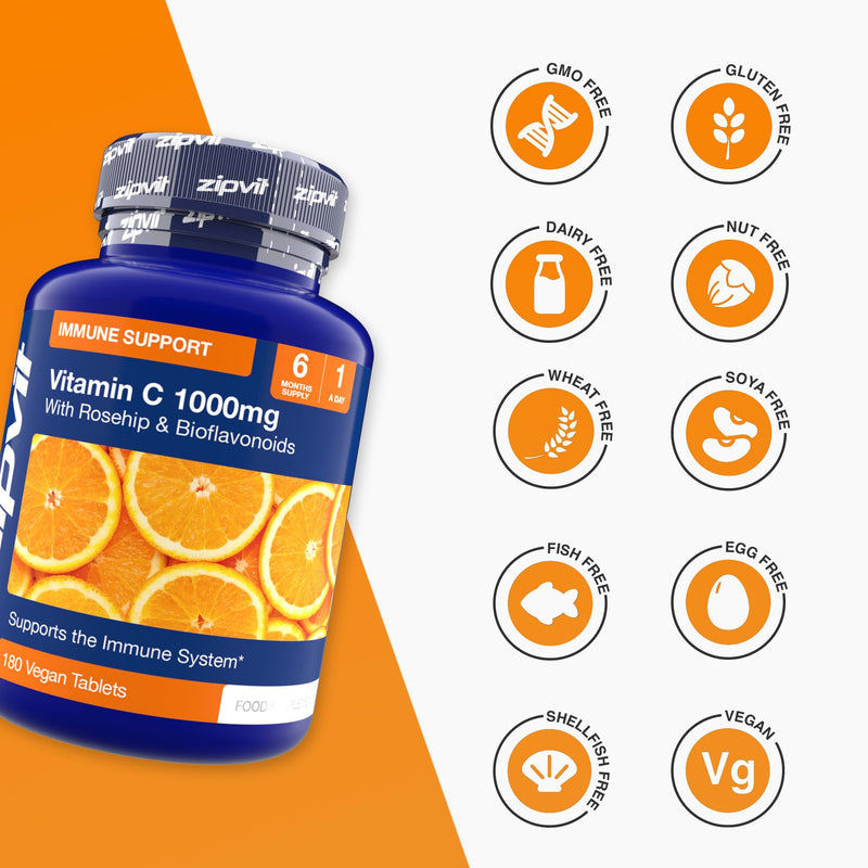 Zipvit Vitamin C 1000mg, 180 High Strength Vitamin C Tablets with Rosehip & Bioflavonoids, Vegan VIT C Supplement, Supports The Immune System and Reduction of Tiredness and Fatigue 180 Tablets - Jar