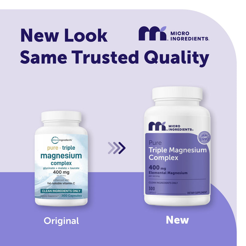 Micro Ingredients Pure Triple Magnesium Complex | 300 Capsules | 400mg Elemental Magnesium Per Serving | Chelated Glycinate, Taurate, Magnesium Malate, Vitamin C | Filler Free