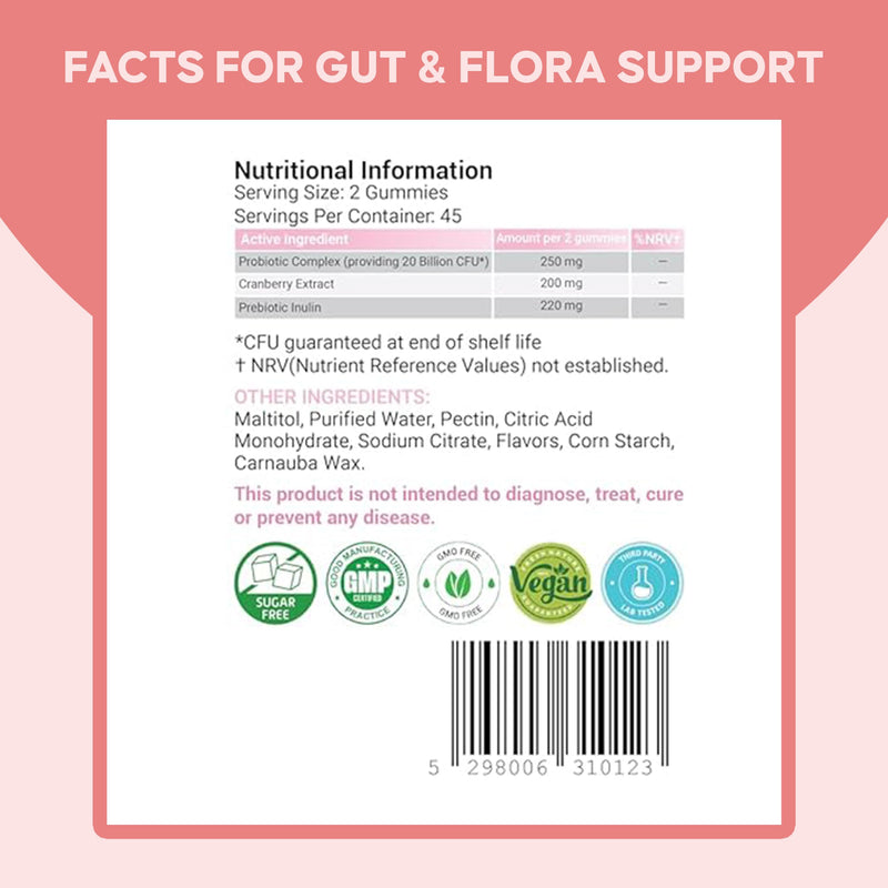 Probiotics for Women Gummies – 20 Billion CFU Probiotic Blend with Cranberry & Prebiotic Inulin – Digestive & Intimate Flora Support – 90 Sugar Free Vegan Gummies – Raspberry Flavour
