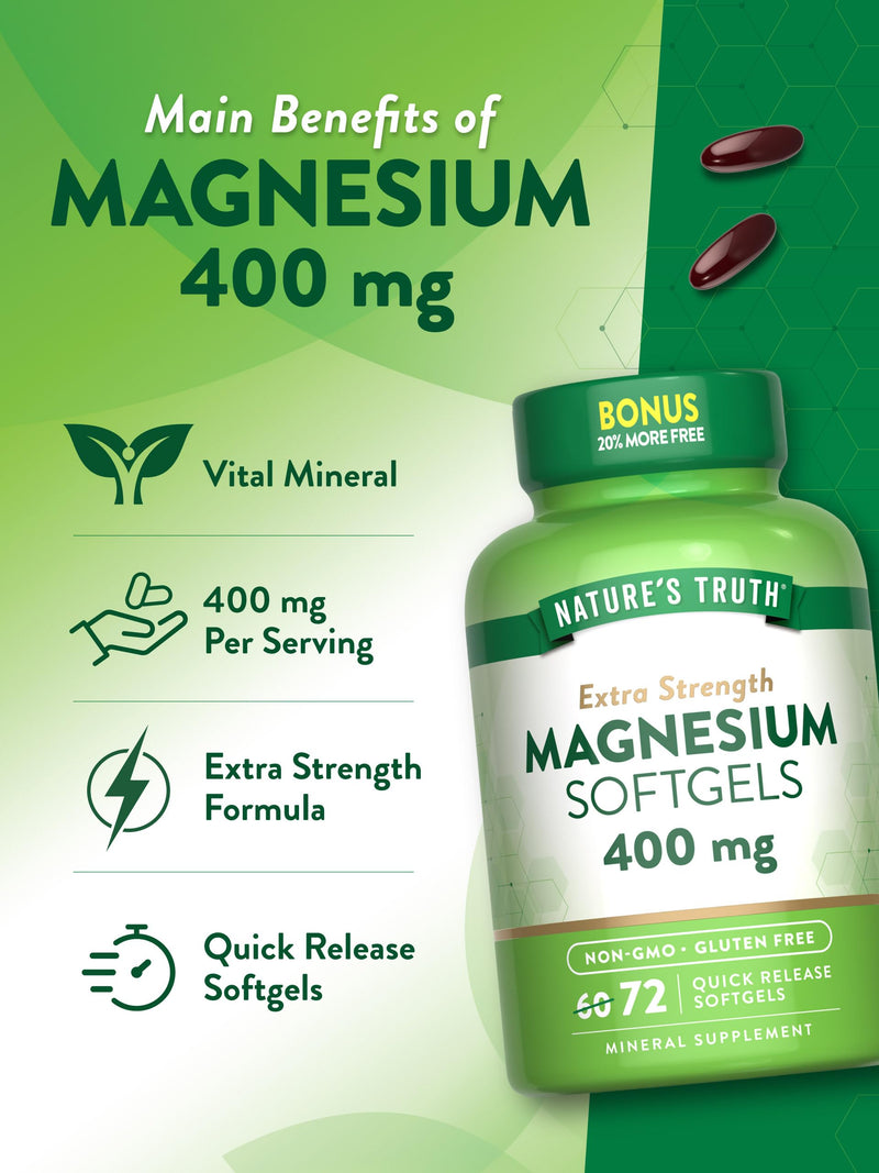 Nature's Truth Magnesium | 400mg | 72 Softgels | Value Size | Extra Strength | from Magnesium Oxide | Non-GMO and Gluten Free Supplement 72 Count (Pack of 1)