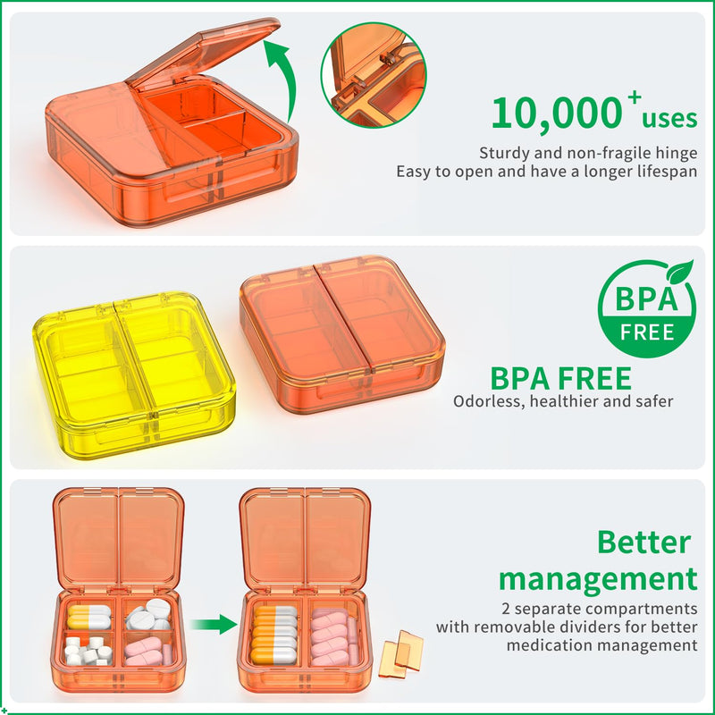 Small Pill Box,4 Compartments Travel Pill Case, Portable Pill Organizer,Mini Pill Container for Pocket,Daily Compact Travel Medicine Holder for Vitamins Fish Oil and Supplement Storage(Orange+Yellow) Orange+yellow
