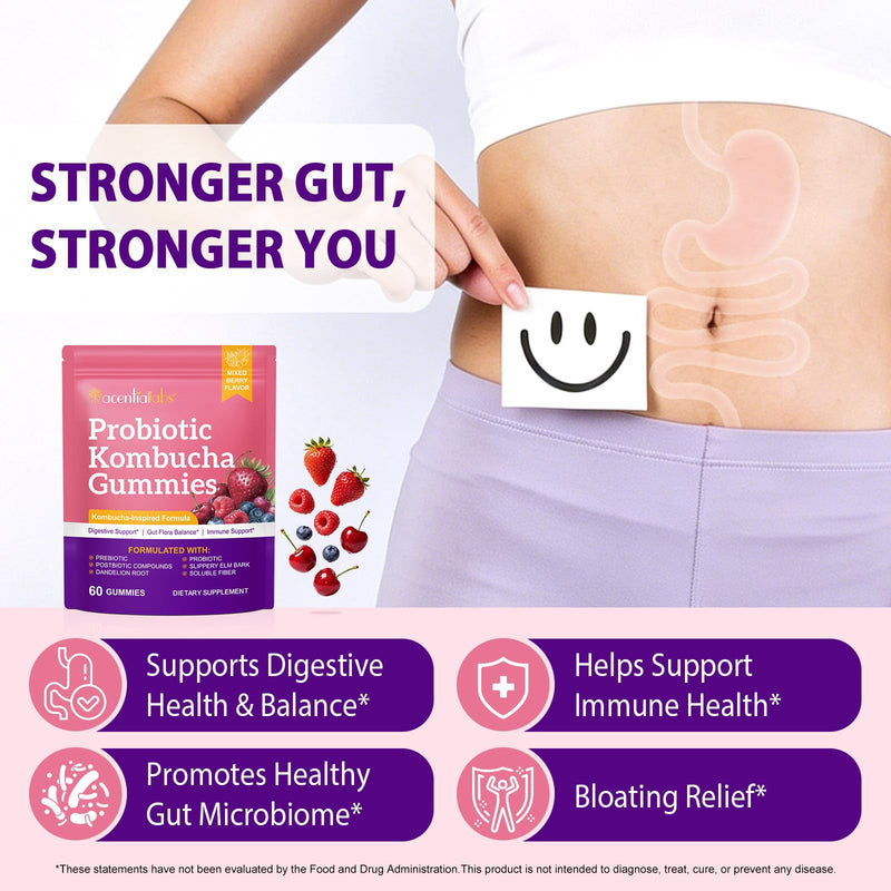 Probiotic Kombucha Gummies 60 Count with Prebiotics, Probiotics, and B Vitamins, Natural Mixed Berry Flavor, Probiotics for Women & Men