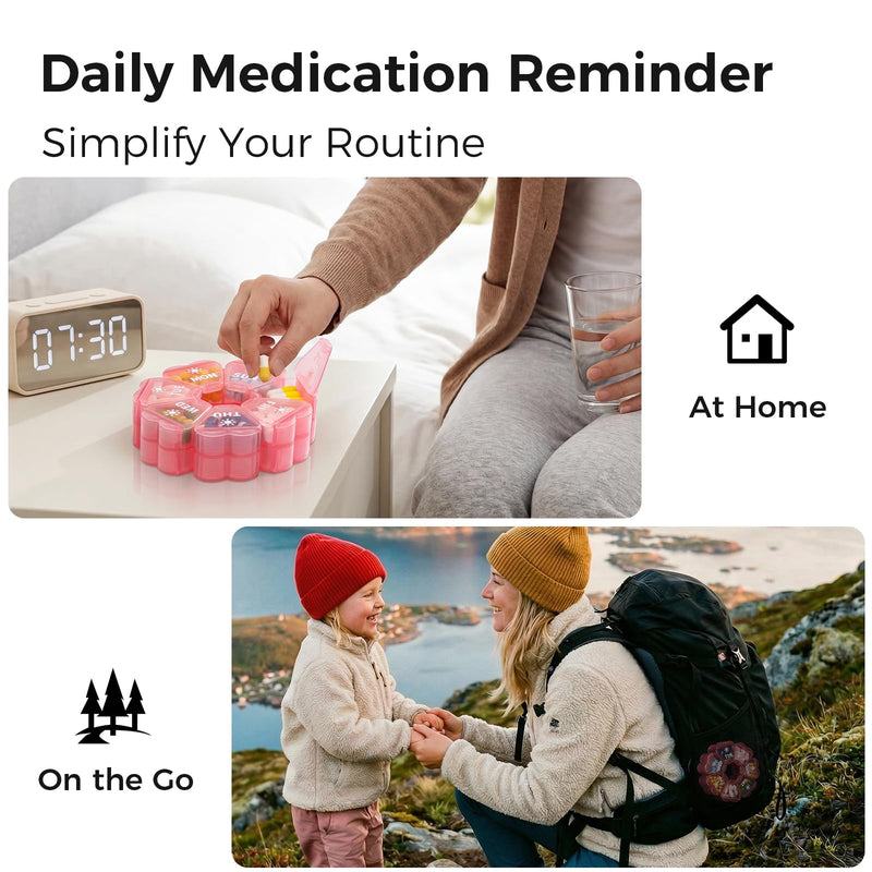 LANDNEOO Weekly Pill Organizer 2 Times a Day, Cute Double-Sided AM PM Pill Case 7 Day, Pink Travel Pill Box for Medication, Vitamins, Fish Oils, Supplements - Pink