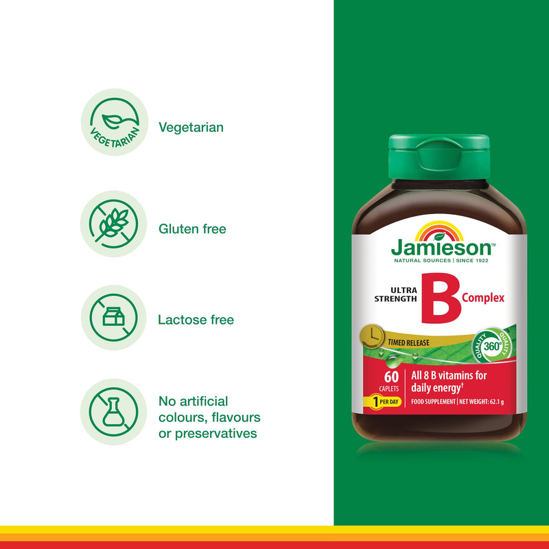 Jamieson Ultra Strength B Complex, Timed Released, 8 Essential B Vitamins. 60 caplets