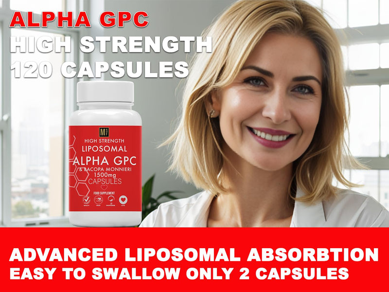 Alpha GPC & Bacopa Monnieri 1500mg | 120 Capsules High Strength Liposomal Max Absorbtion Alpha-GPC Choline Supplement Memory, Focus Brain Support