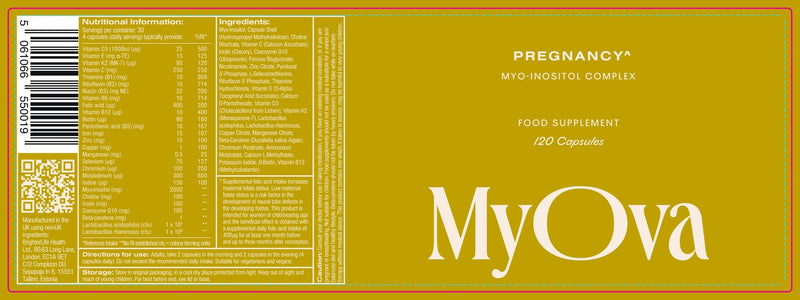 MyOva Pregnancy - Prenatal Myo-inositol Complex, PCOS Supplement - 2000mg Myo-Inositol, 400ug Folate & 15mg Iron and 25ug Vitamin D3-24 Essential Pregnancy Vitamins - 120 Vegan Capsules - UK Made