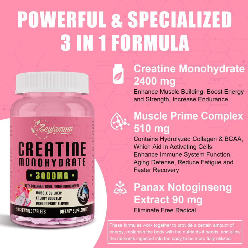 [Australia] - Creatine Monohydrate for Women, Creatine Supplement 3000mg, with Hydrolyzed Collagen, BCAA, Creatine for Booty Gain, Muscle Growth, Increased Strength, Enhanced Energy and Performance, 30 Servings 90 Count (Pack of 1) 