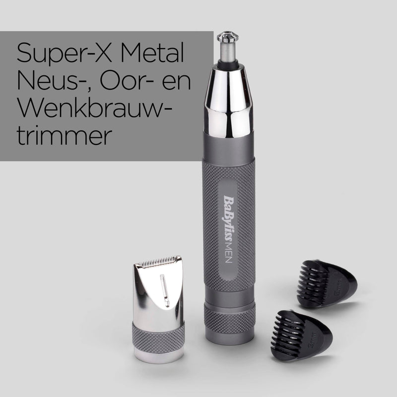 [Australia] - BaByliss Super-X Metal Nose, Ear & Eyebrow Trimmer, 3-in-1 Detail Trimmer, Nose Hair Trimmer, Ear Hair Trimmer, 2 Attachments, 2 Comb Guides, Battery Operated, E116E Silver 