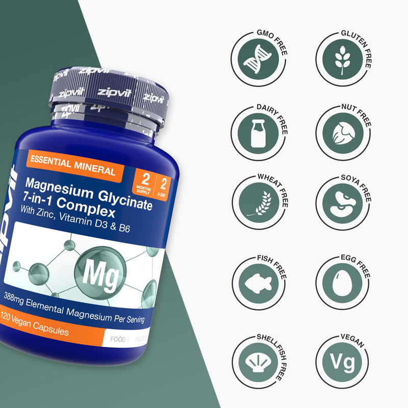 Zipvit Magnesium Glycinate 7-in-1 Complex, 1800mg with 388mg Elemental, High Absorption with Bisglycinate, Malate, Citrate, Oxide, Plus Vitamin D3, B6 & Zinc, 120 Capsules, Vegan Magnesium Supplements 7 in 1 Glycinate Complex - 120 Capsules - Jar