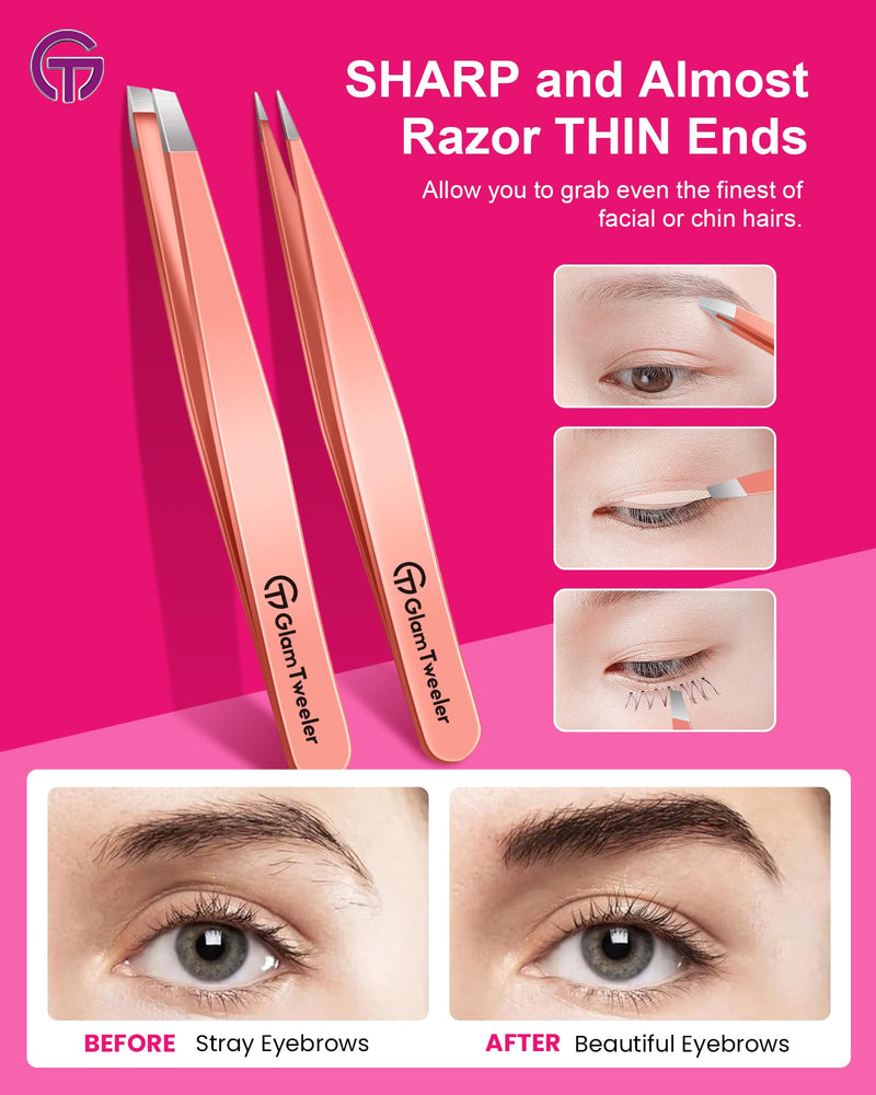 Expert Slant and Point Tip Tweezer Set with Exclusive Travel Case, GlamTweeler Sharp & Precision Tweezer Set for Eyebrows, Facial Hairs & Fine Hairs Removal (Rose Gold)