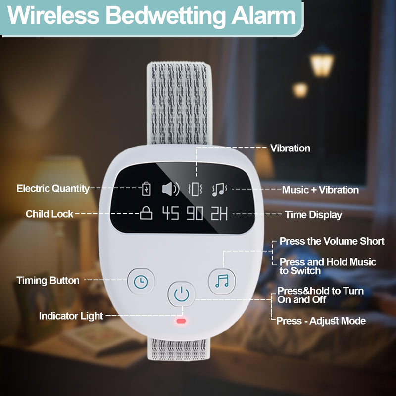 [Australia] - Wireless Bedwetting Alarm for Kids and Adults, Vibration Sound Volume Adjustable, Rechargeable Wireless Enuresis Alarm Wristband Featuring an LCD Timer and 3 Modes, Includes Progress Card and Stickers 