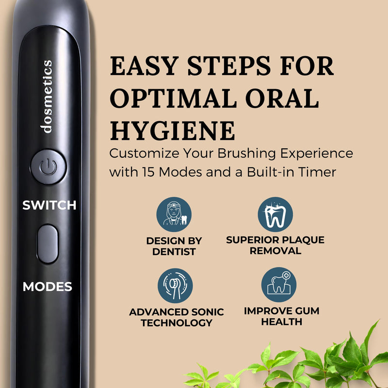 [Australia] - Electric Toothbrush for Adults, Sonic Toothbrush with Replaceable Heads and 15 Brushing Modes, Rechargeable Waterproof Toothbrushes for Plaque Removal with Charging Base and Travel Cap 